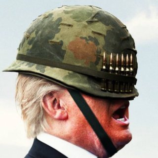 Donald Trump wearing a military helmet backwards, covering his eyes